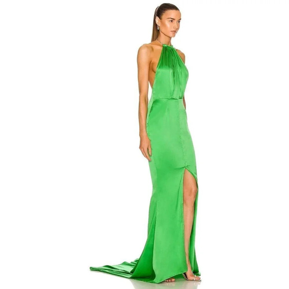 Retrofete Satin Crystal Margot Gown in Green XSmall New. Long Maxi Dress - Picture 4 of 17